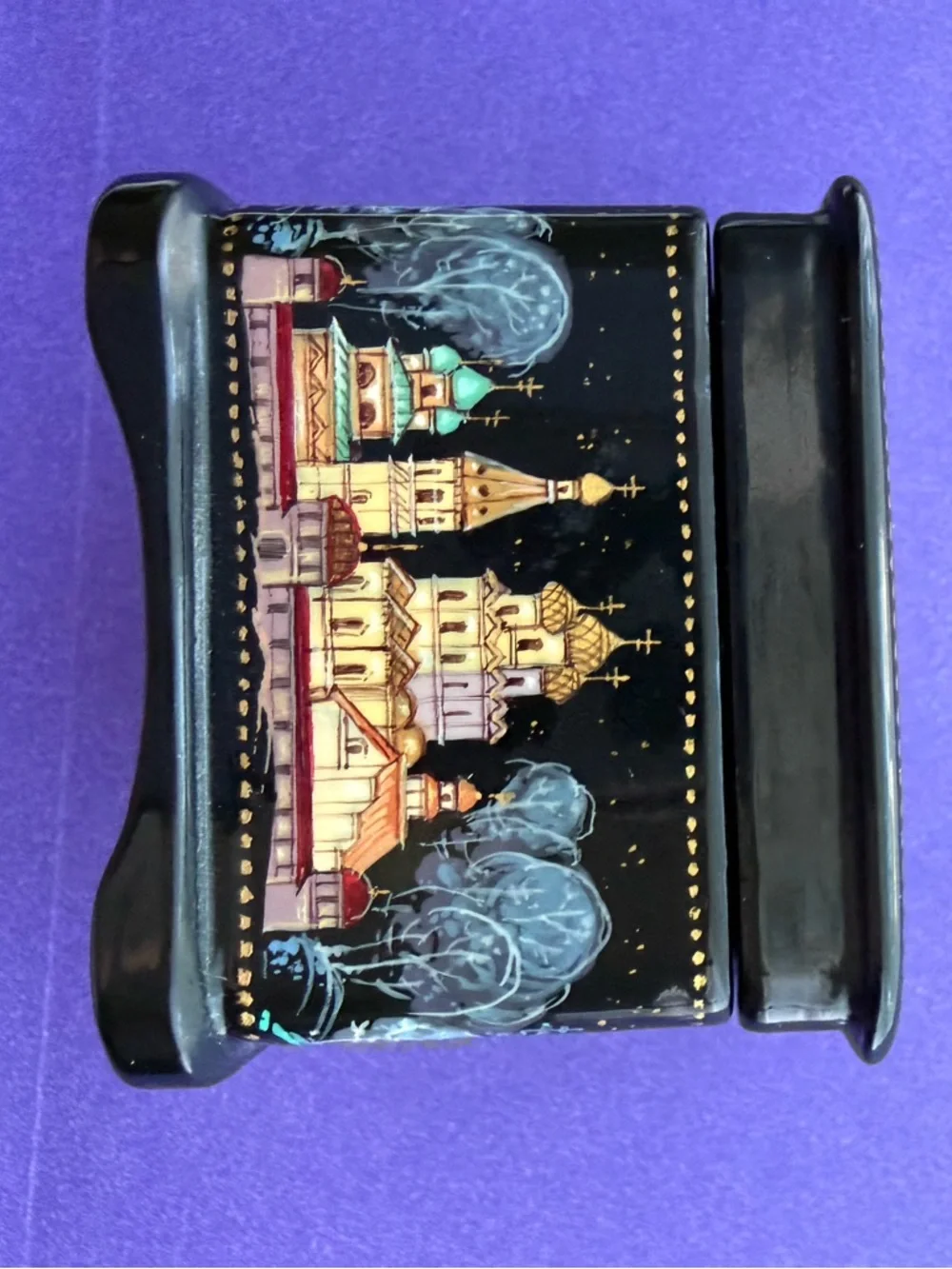 Hand-Painted Russian Lacquer Trinket Box in Black with Teal & Gold Accents - Picture 6 of 11
